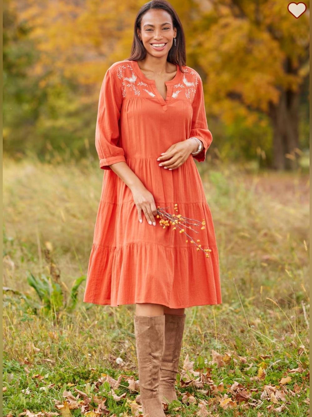 The Vermont Country Store Tiered Crinkle Cotton Dress Plus 2X Embroidered Orange